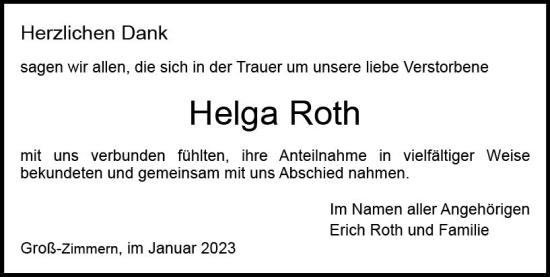 Traueranzeige von Helga Roth von DieburgerAnzeiger/Groß-Zimmerner Lokalanzeiger