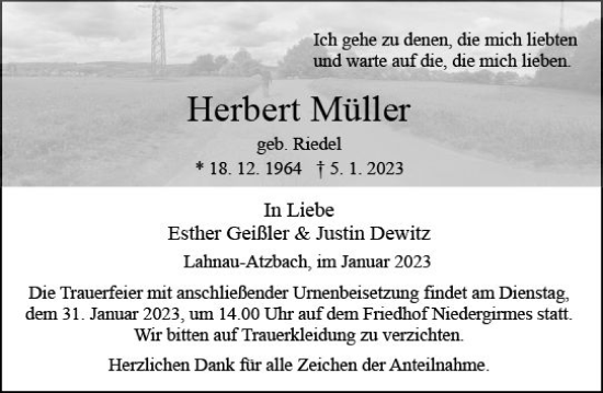 Traueranzeige von Herbert Müller von Wetzlarer Neue Zeitung