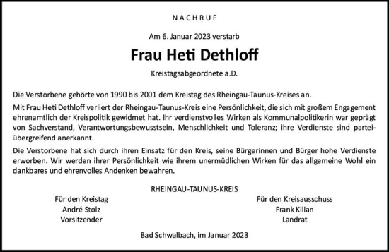 Traueranzeige von Heti Dethloff von Idsteiner Land / Untertaunus Kurier