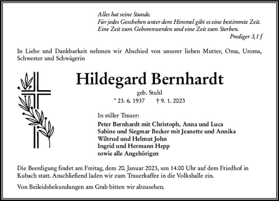 Traueranzeige von Hildegard Bernhardt von Weilburger Tageblatt