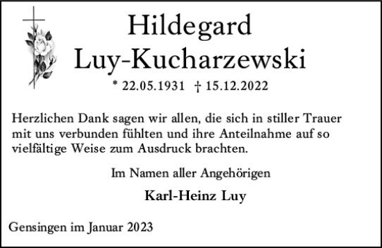 Traueranzeige von Hildegard Luy-Kucharzewski von Bingen/Ingelheim Wochenblatt inkl. NBZ