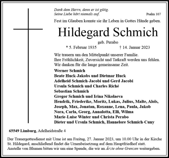 Traueranzeige von Hildegard Schmich von Nassauische Neue Presse