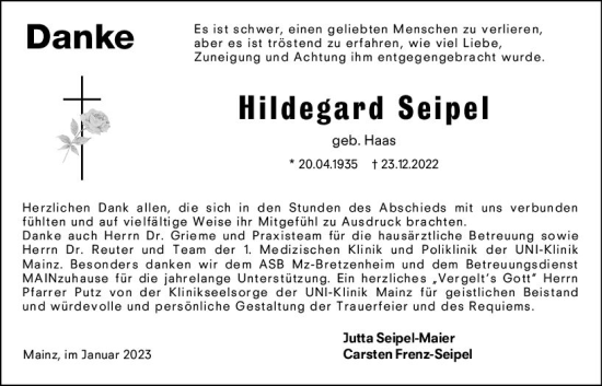 Traueranzeige von Hildegard Seipel von Allgemeine Zeitung Ingelheim-Bingen