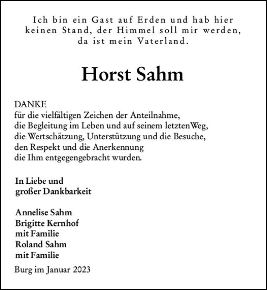 Traueranzeige von Horst Sahm von Dill Block
