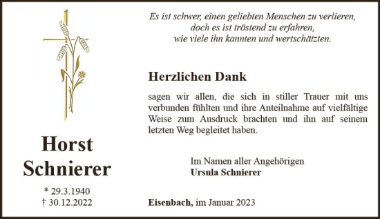 Traueranzeige von Horst Schnierer von Camberger Anzeiger