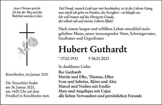 Traueranzeige von Hubert Guthardt von Weilburger Tageblatt