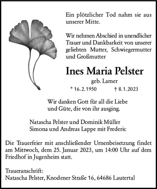 Traueranzeige von Ines Maria Pelster von Darmstädter Echo
