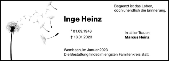 Traueranzeige von Inge Heinz von Darmstädter Echo