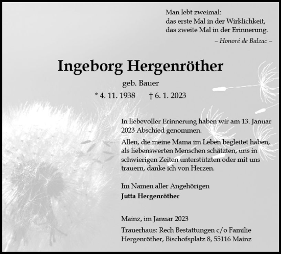 Traueranzeige von Ingeborg Hergenröther von Allgemeine Zeitung Mainz