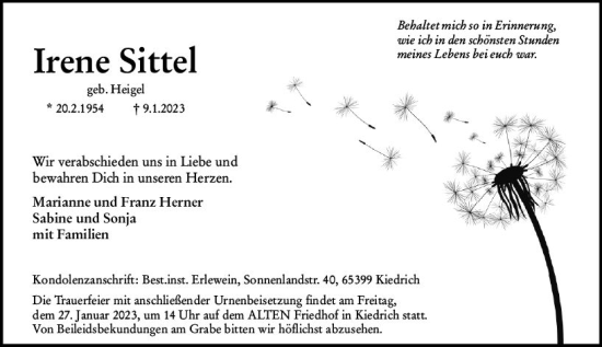 Traueranzeige von Irene Sittel von WK Rheingau