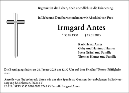 Traueranzeige von Irmgard Antes von Wormser Zeitung