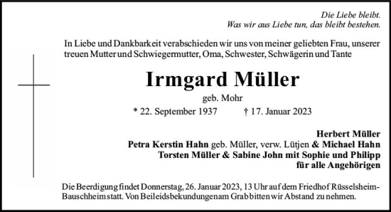 Traueranzeige von Irmgard Müller von Rüsselsheimer Echo