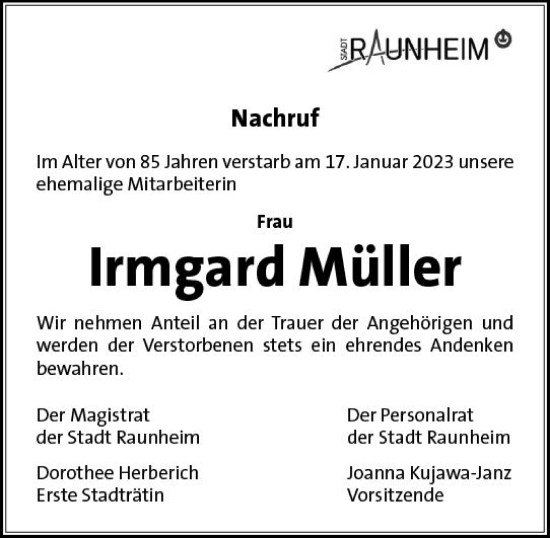 Traueranzeige von Irmgard Müller von Rüsselsheimer Echo