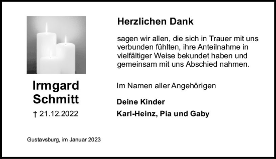 Traueranzeige von Irmgard Schmitt von Allgemeine Zeitung Ingelheim-Bingen