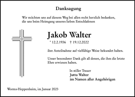 Traueranzeige von Jakob Walter von Wormser Zeitung