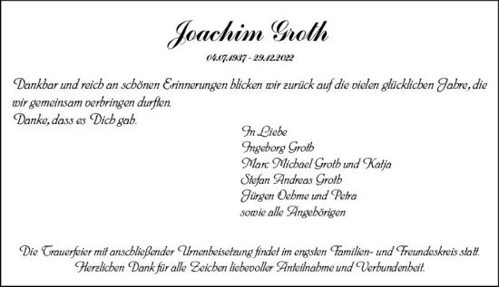 Traueranzeige von Joachim Groth von Wetzlarer Neue Zeitung