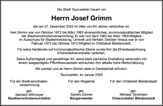 Traueranzeige von Josef Grimm von Idsteiner Land / Untertaunus Kurier