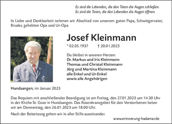 Traueranzeige von Josef Kleinmann von Nassauische Neue Presse