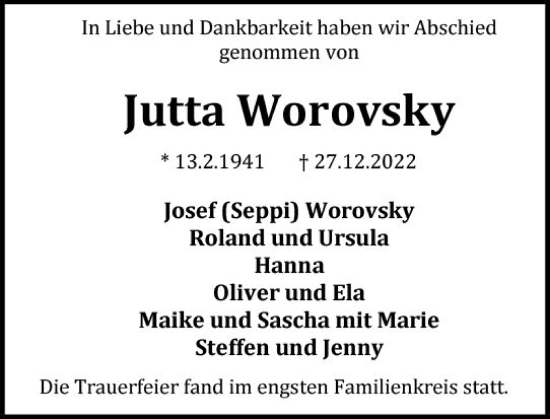 Traueranzeige von Jutta Worovsky von Wiesbadener Kurier gesamt