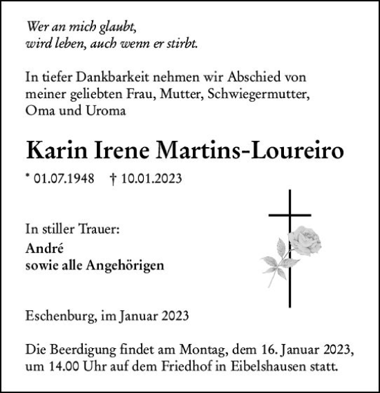 Traueranzeige von Karin Irene Martins-Loureiro von Dill Block