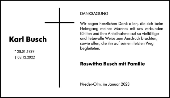 Traueranzeige von Karl Busch von Allgemeine Zeitung Mainz