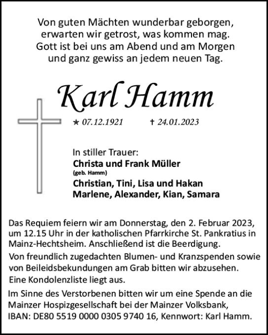 Traueranzeige von Karl Hamm von Allgemeine Zeitung Mainz