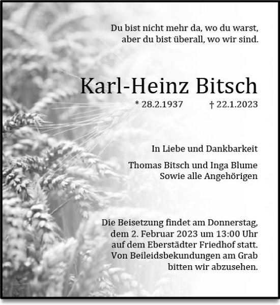 Traueranzeige von Karl-Heinz Bitsch von Darmstädter Echo