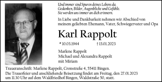 Traueranzeige von Karl Rappolt von Allgemeine Zeitung Ingelheim-Bingen