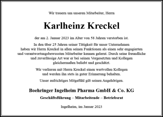 Traueranzeige von Karlheinz Kreckel von Allgemeine Zeitung Ingelheim-Bingen