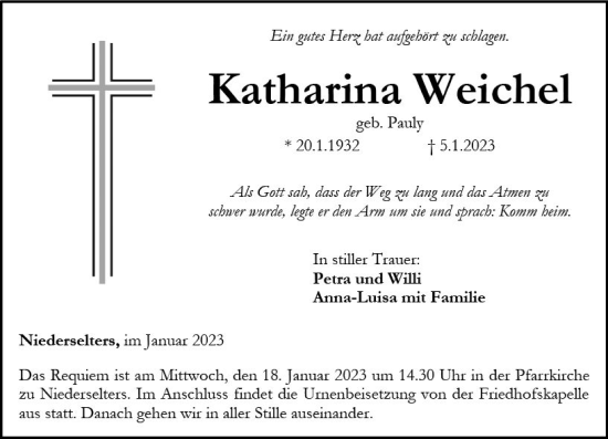 Traueranzeige von Katharina Weichel von Nassauische Neue Presse