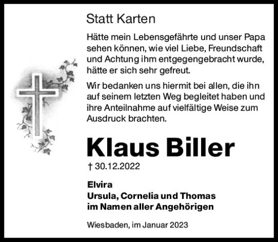 Traueranzeige von Klaus Biller von Wiesbadener Kurier gesamt