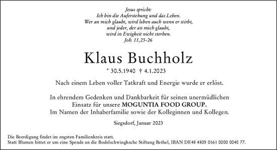 Traueranzeige von Klaus Buchholz von Allgemeine Zeitung Mainz