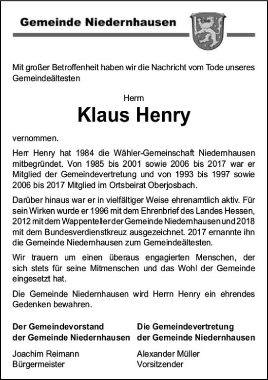 Traueranzeige von Klaus Henry von Idsteiner Land / Untertaunus Kurier