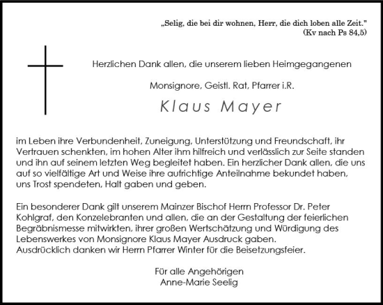 Traueranzeige von Klaus Mayer von Allgemeine Zeitung Mainz