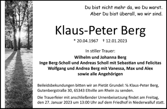 Traueranzeige von Klaus-Peter Berg von WK Rheingau