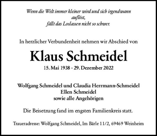 Traueranzeige von Klaus Schmeidel von Starkenburger Echo