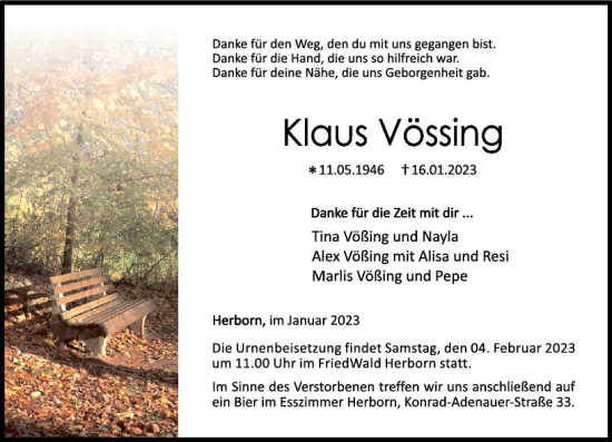 Traueranzeige von Klaus Vössing von Dill Block