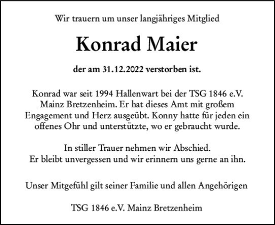 Traueranzeige von Konrad Maier von Allgemeine Zeitung Mainz