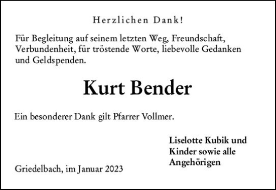 Traueranzeige von Kurt Bender von Wetzlarer Neue Zeitung
