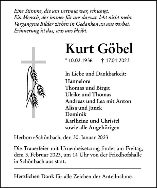 Traueranzeige von Kurt Göbel von Dill Block