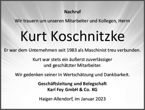 Traueranzeige von Kurt Koschnitzke von Dill Block