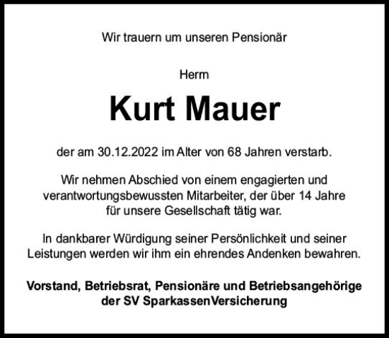 Traueranzeige von Kurt Mauer von Wiesbadener Kurier gesamt