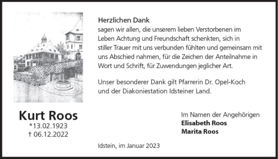 Traueranzeige von Kurt Roos von Idsteiner Land / Untertaunus Kurier