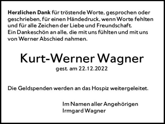 Traueranzeige von Kurt-Werner Wagner von Bingen/Ingelheim Wochenblatt inkl. NBZ