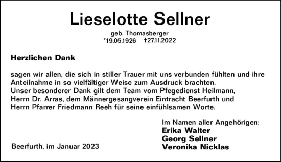 Traueranzeige von Lieselotte Sellner von Odenwälder Echo