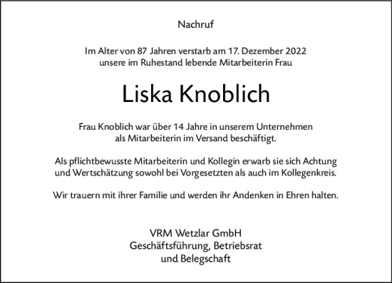 Traueranzeige von Liska Knoblich von Wetzlarer Neue Zeitung