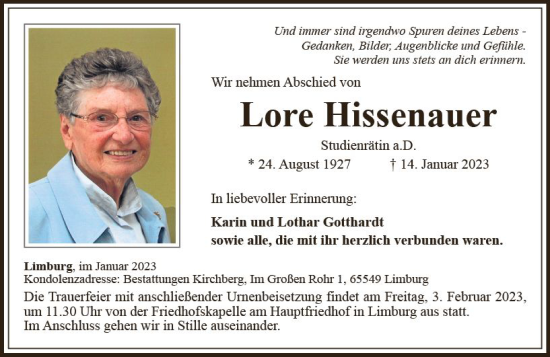 Traueranzeige von Lore Hissenauer von Nassauische Neue Presse