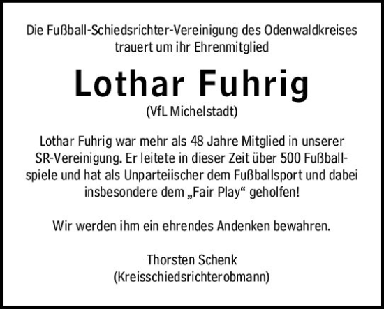 Traueranzeige von Lothar Fuhrig von Odenwälder Echo