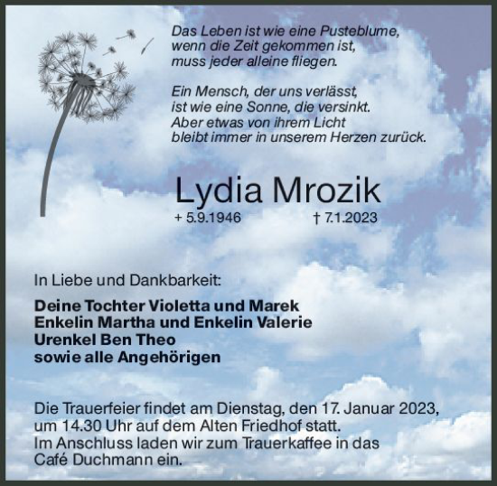 Traueranzeige von Lydia Mrozik von Hochheimer Zeitung