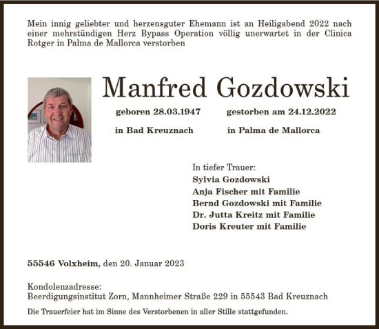 Traueranzeige von Manfred Gozdowski von Allgemeine Zeitung Bad Kreuznach